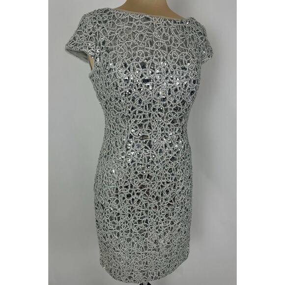 Adrianna Papell Size 8 Silver Sequin Lace Overlay Sheath Dress Holiday NYE Party - Picture 1 of 11